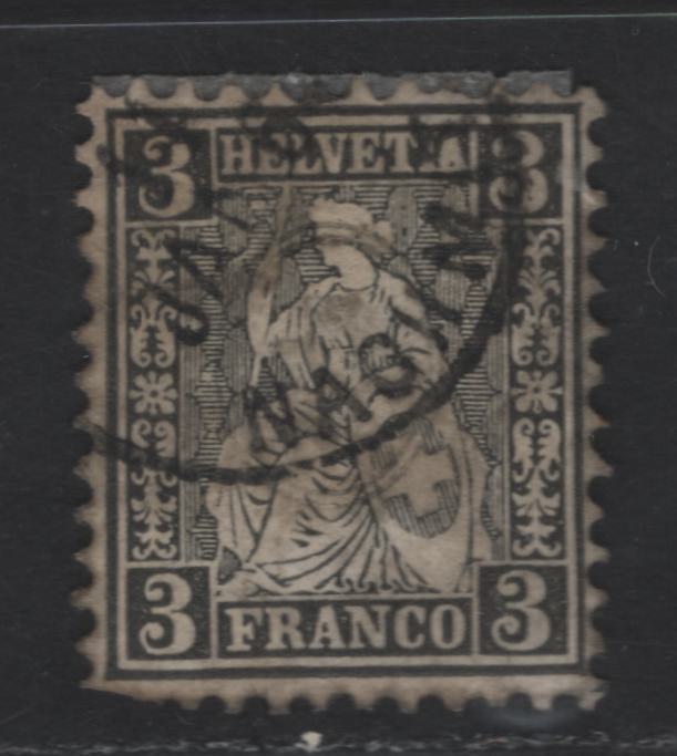 Lot 269 Switzerland SC#42 3c Black Seated Helvetia, 1862-1864 Seated Helvetia Issue, A Very Good Used Single, Scarce Postally Used, Clipped Perfs At Lower Left