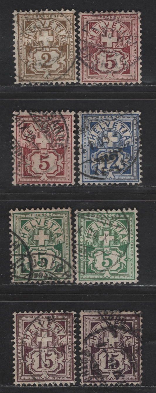 Lot 270 Switzerland SC#69, 71-72, 74, 76-a 2c - 15c Bistre - Brown Lilac Numeral, 1882-1899 Numeral Issue, 8 Fine/Very Fine Used Singles, Wmk 182, Type 2, Granite Paper, Some Unlisted Shades