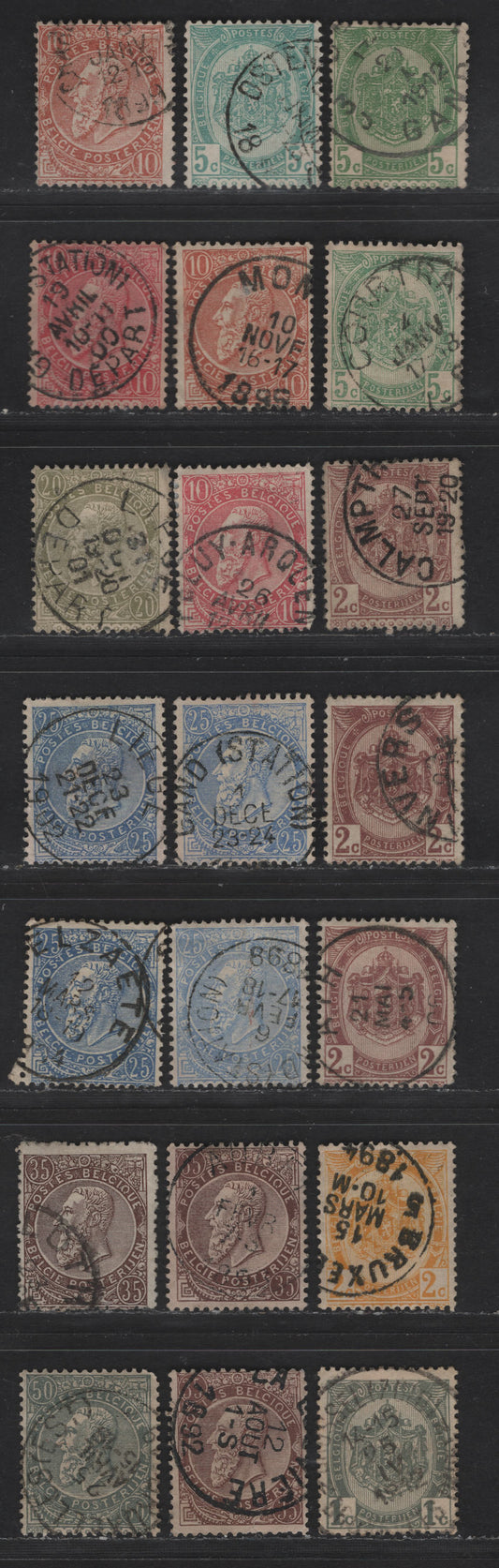 Lot 27 Belgium SC#60-69a, 71 1c - 35c Gray - Red Brown Leopold II, 1893-1900 Leopold II Sunday Labels Issue, 21 Fine Used Singles, Shade Variations