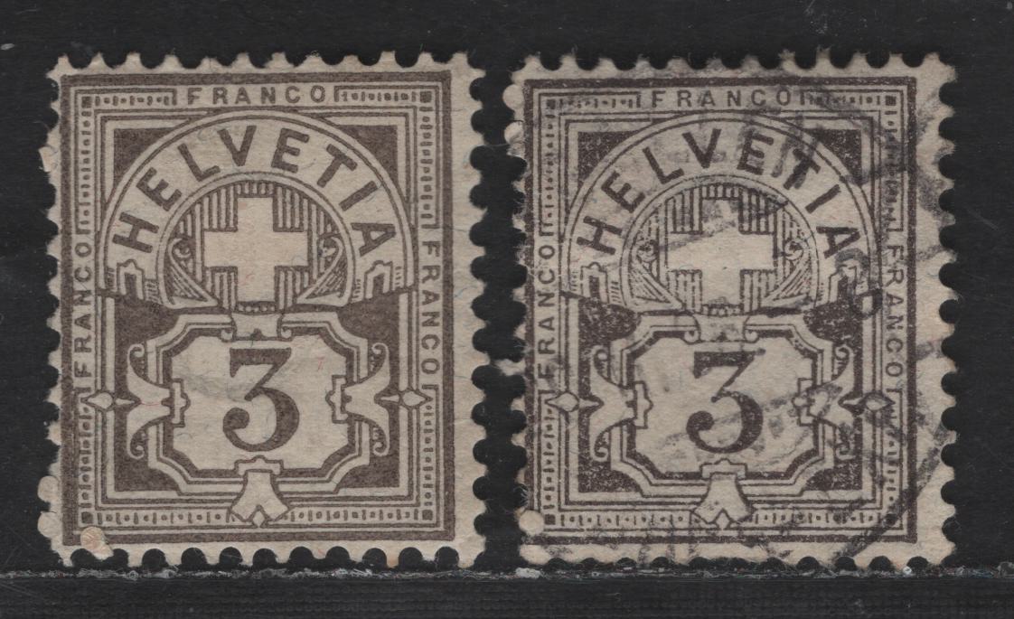 Lot 271 Switzerland SC#70-a 3c Gray Brown & Brown Numeral, 1882-1899 Numeral Issue, 2 Very Good/Fine Used Singles, Wmk 182, Type 2, Granite Paper, Small Corner Crease At Lower Left Of Scarcer Gray Shade