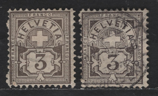 Lot 271 Switzerland SC#70-a 3c Gray Brown & Brown Numeral, 1882-1899 Numeral Issue, 2 Very Good/Fine Used Singles, Wmk 182, Type 2, Granite Paper, Small Corner Crease At Lower Left Of Scarcer Gray Shade
