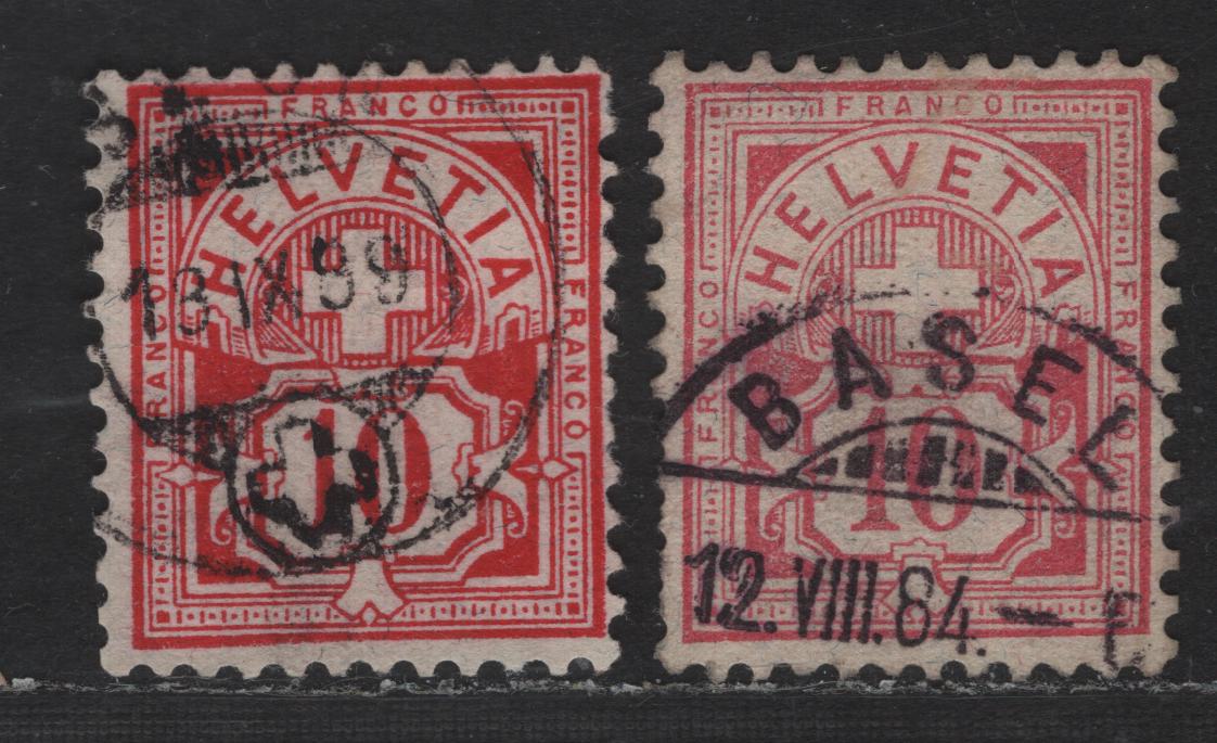 Lot 272 Switzerland SC#73a-b 10c Carmine & Light Rose Numeral, 1882-1899 Numeral Issue, 2 Fine Used Singles, Wmk 182, Type 1, Granite Paper
