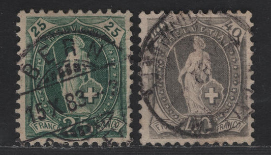 Lot 274 Switzerland SC#83-84 25c & 40c Deep Green & Gray Helvetia, 1882-1904 Helvetia With Large Numeral Issue, 2 Fine Used Singles, Wmk 182, Type 1, Perfs 11.5x13.75 & 11.75