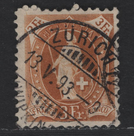 Lot 275 Switzerland SC#88 3fr Yellow Brown Helvetia, 1882-1904 Standing Helvetia Issue, A Fine Used Single, Wmk 182, Type 1, Perf 11.75