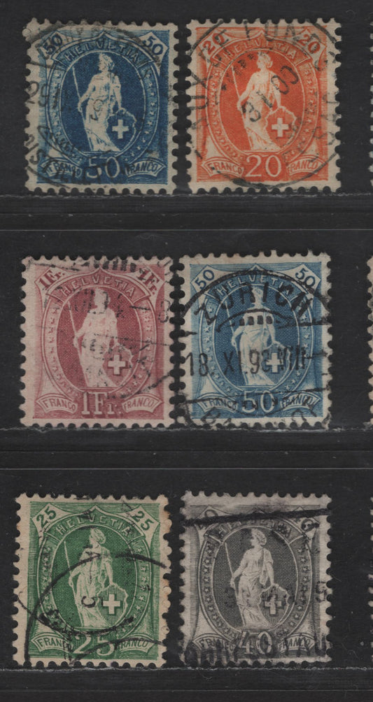 Lot 276 Switzerland SC#82a, 86, 87a, 84a, 83a 20c - 1fr Orange - Claret Helvetia, 1891-1903 Standing Helvetia Issue, 6 Very Fine Used Singles, Wmk 182, Type 1, Perf 11.5x11