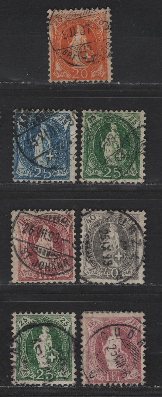 Switzerland SC#82-83, 94, 84a, 87a, 83a 20c - 1fr Orange - Claret Helvetia, 1882-1903 Standing Helvetia Issue, 7 Fine Used Singles, Wmk 182, Types 1 & 2, Perfs 11.5 & 11.5x11