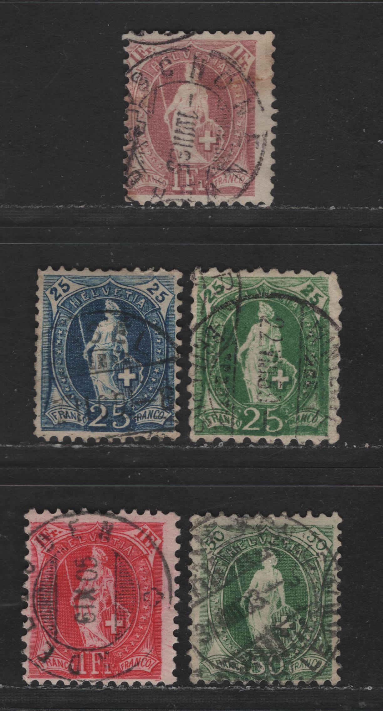 Lot 278 Switzerland SC#87, 90, 94, 96a, 97 1fr Claret - Carmine Helvetia, 1882-1903 Standing Helvetia Issue, 5 Very Good Used Singles, Wmk 182, Types 1 & 2, Perfs 9.5, 11.75, 11.5x11 & 11.5x12, Most Have Light Creases Except 1fr Claret
