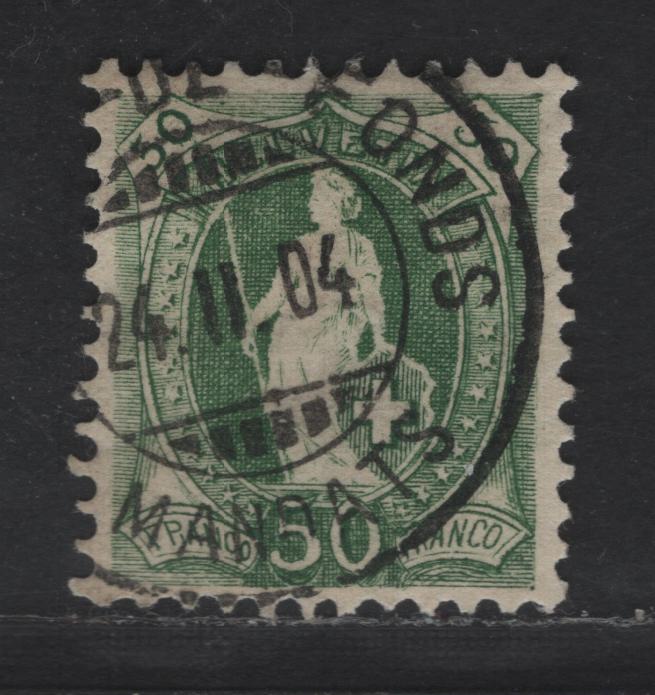 Lot 279 Switzerland SC#96a 50c Green Helvetia, 1901-1903 Standing Helvetia Issue, A Very Fine Used Single, Wmk 182, Type 2, Perf 11.5x12