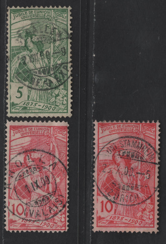 Lot 280 Switzerland SC#98-99 5c - 10c Gray Green - Carmine Rose UPU Allegory, 1900 UPU Allegory Issue, 3 Fine/Very Fine Used Singles