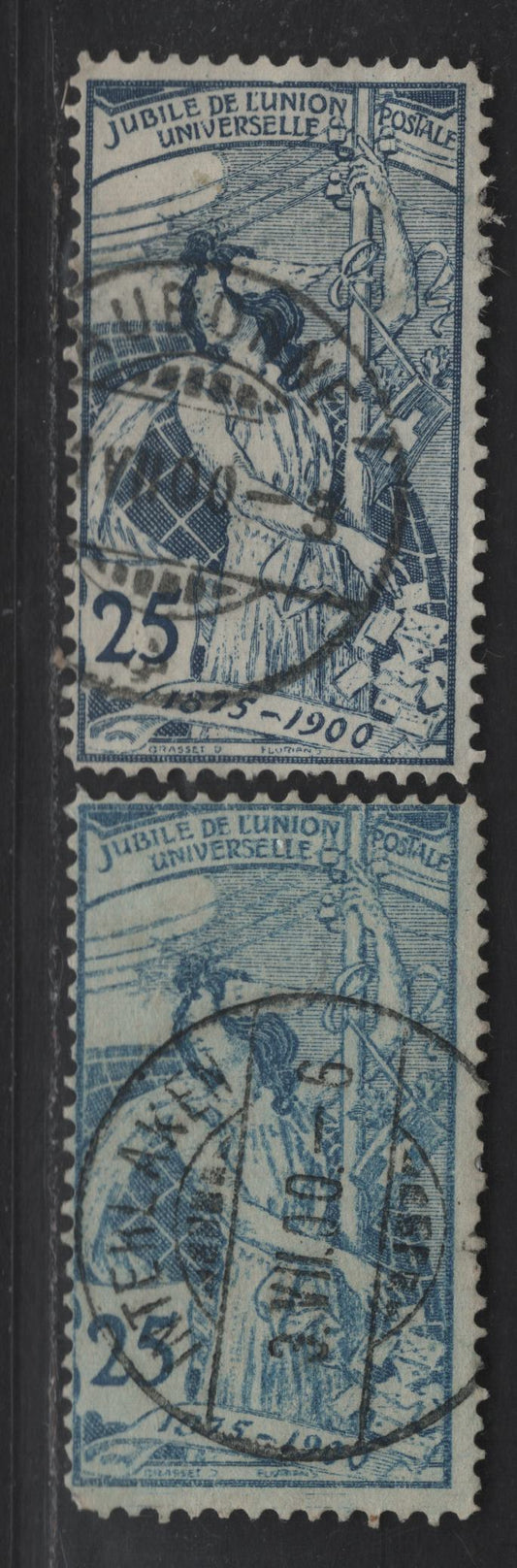 Lot 281 Switzerland SC#100 25c Deep Blue & Pale Blue UPU Allegory, 1900 UPU Allegory Issue, 2 Fine Used Singles