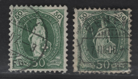 Lot 282 Switzerland SC#109 50c Green & Dark Green Helvetia, 1905 Helvetia Issue, 2 Very Fine Used Singles, Perf 11.5x11, Wmk Crosses