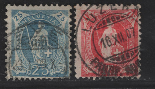 Lot 283 Switzerland SC#110a, 106 25c & 1fr Blue & Carmine Helvetia, 1905 Helvetia Issue, 2 Fine Used Singles, Perfs 11.5x11 & 11.5x12, Wmk 183 (Crosses)
