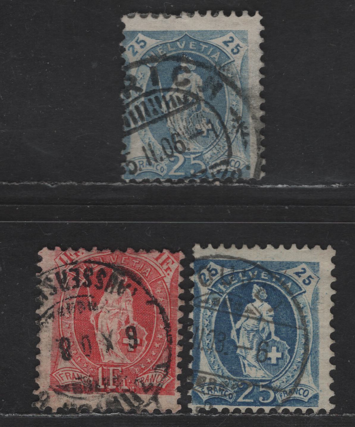 Lot 286 Switzerland SC#112a, 120a, 124 25c - 1fr Deep Blue - Carmine Helvetia, 1906-1907 Standing Helvetia Issue, 3 Very Good Used Singles, Perfs 11.5, 11.5x12 & 11.5x11, Wmk Frosses, Regular & Granite Paper