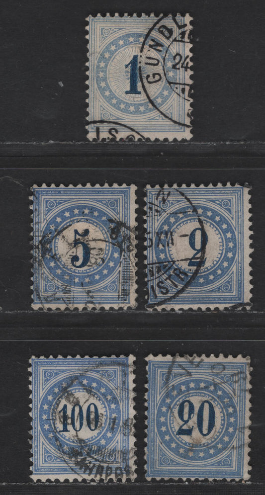 Lot 287 Switzerland SC#J1-J2, J4, J6, J8 1c - 100c Blue Numerals, 1878 Postage Dues, 5 Fine Used Singles, Type 1, Normal Frame, Perf 11.5