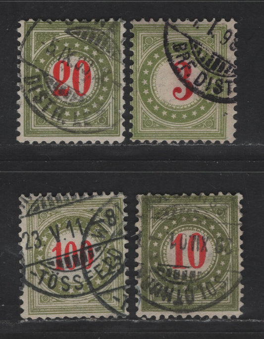 Lot 289 Switzerland SC#J22f, J25h, J24h, J27k 3c - 100c Olive Green & Red - Olive & Bright Red Numerals, 1884-1897 Postage Dues, 4 Fine Used Singles, Type 2, Inverted & Normal Frames, Red Numerals