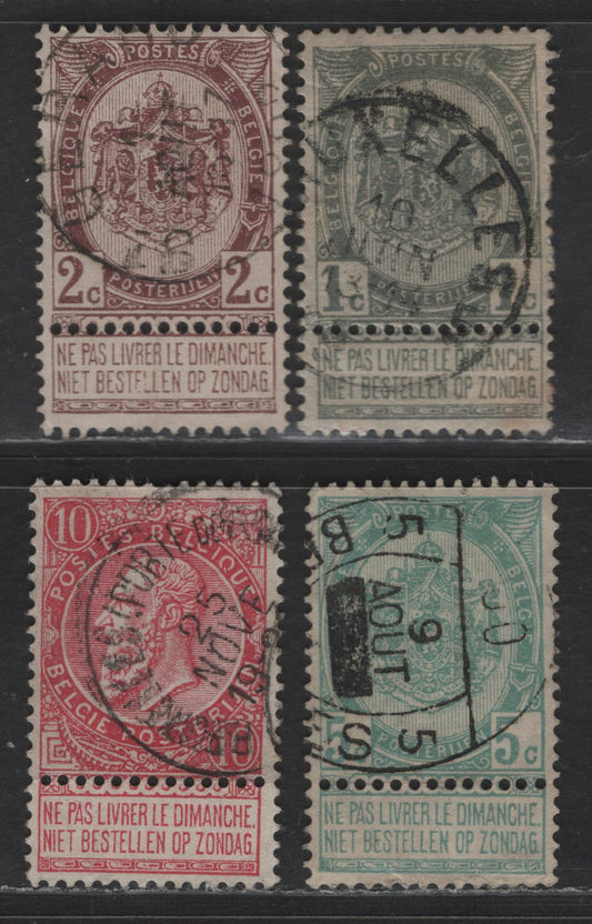 Lot 29 Belgium SC#60, 62, 64, 66 1c - 10c Gray - Bright Rose Leopold II, 1893-1900 Leopold II Sunday Labels Issue, 4 Very Fine Used Singles, Labels Attached