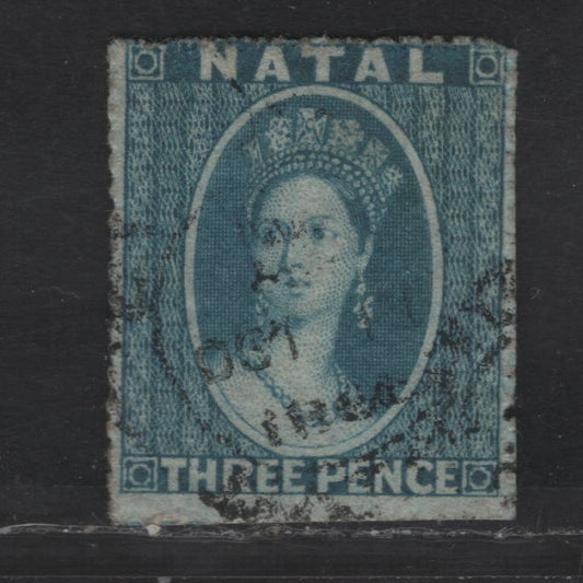 Lot 291 Natal SC#12 3d Blue Chalon Head, 1862 Chalon Head Issue, A Very Good Used Single, Rough Perf 14-16, No Watermark, Trimmed At Bottom