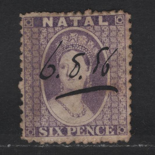 Lot 292 Natal SC#16 6d Violet Chalon Head, 1864 Chalon Head Issue, A Very Fine Used Single, Perf 12.5, Crown CC Wmk