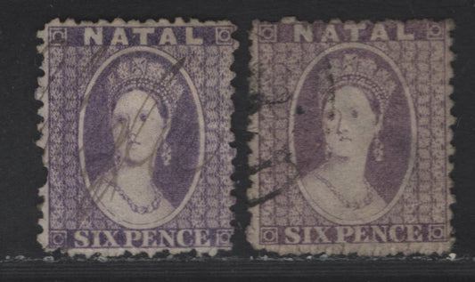 Lot 293 Natal SC#16-a 6d Violet & Dull Reddish Violet Chalon Head, 1864 Chalon Head Issue, 2 Very Good Used Singles, Perf 12.5, Crown CC Wmk