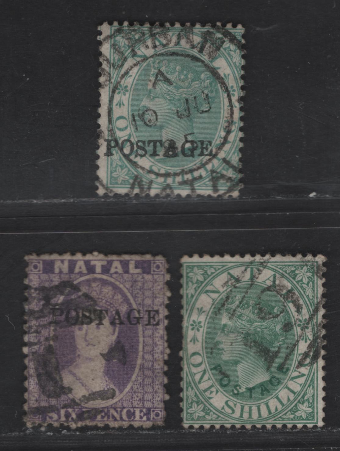 Lot 294 Natal SC#43, 49, 50 6d - 1/- Violet - Green Chalon Head, 1870-1875 Chalon Heads Overprinted Issue, 3 Very Good/Very Fine Used Singles