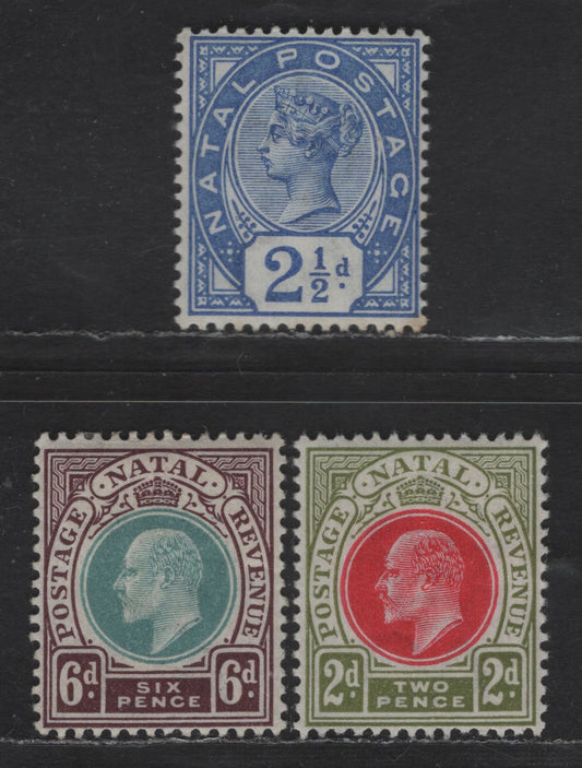 Lot 296 Natal SC#78, 84, 89 2.5d - 6d Ultramarine - Maroon & Blue Green Queen Victoria & King Edward VII, 1891-1903 Queen Victoria & King Edward VII Keyplates Issue, 3 F/VFOG Singles, Crown CA Wmk