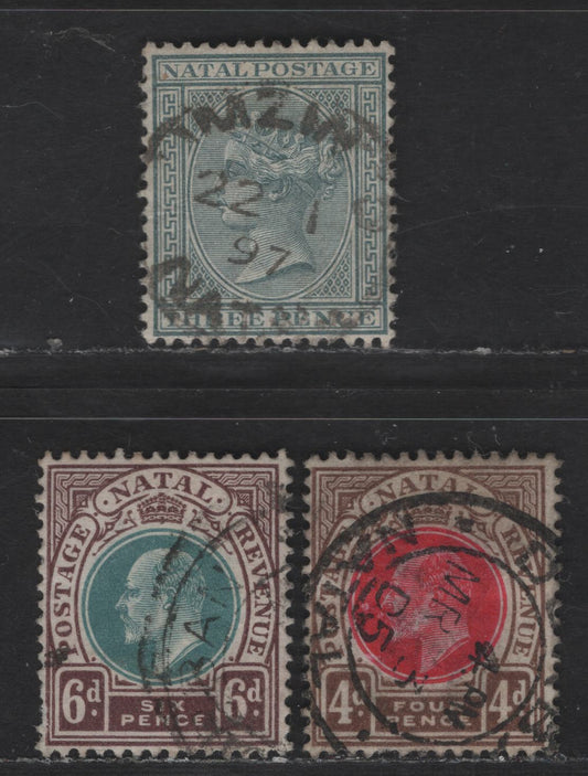Lot 297 Natal SC#69, 87, 89 3d - 6d Gray - Maroon & Blue Queen Victoria & King Edward VII, 1882-1903 Queen Victoria & King Edward VII Issue, 3 Fine/Very Fine Used Singles