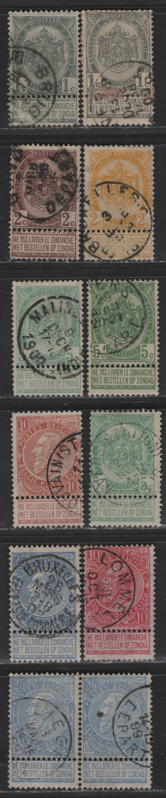 Lot 30 Belgium SC#60-62, 64-66, 68 1c - 25c Gray -Ultramarine Leopold II, 1893-1900 Leopold II Sunday Labels Issue, 11 Fine Used Singles & Pair, Fine Centered Examples With Lavels Attached, Includes A Pair Of The 25c, Shade Varieties