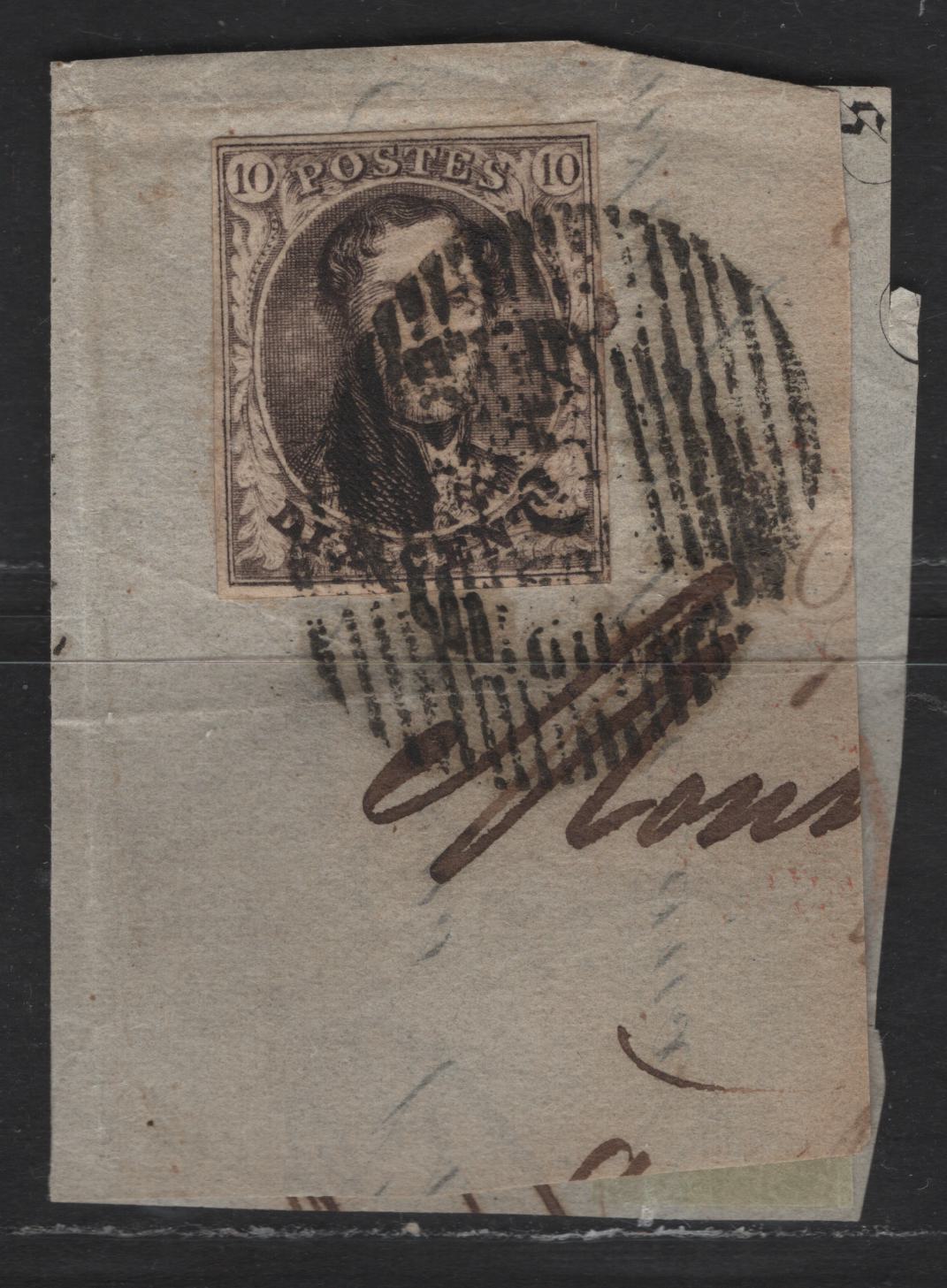 Lot 3 Belgium SC#6 10c Brown Leopold I, 1851-1854 Leopold I Issue, A Fine Used Single, Two L's Without Frame Wmk, On Envelope Fragment Cancelled Oct 10th 1852, #5 Numeral Duplex Cancel, 2 Close & 2 Full Margins