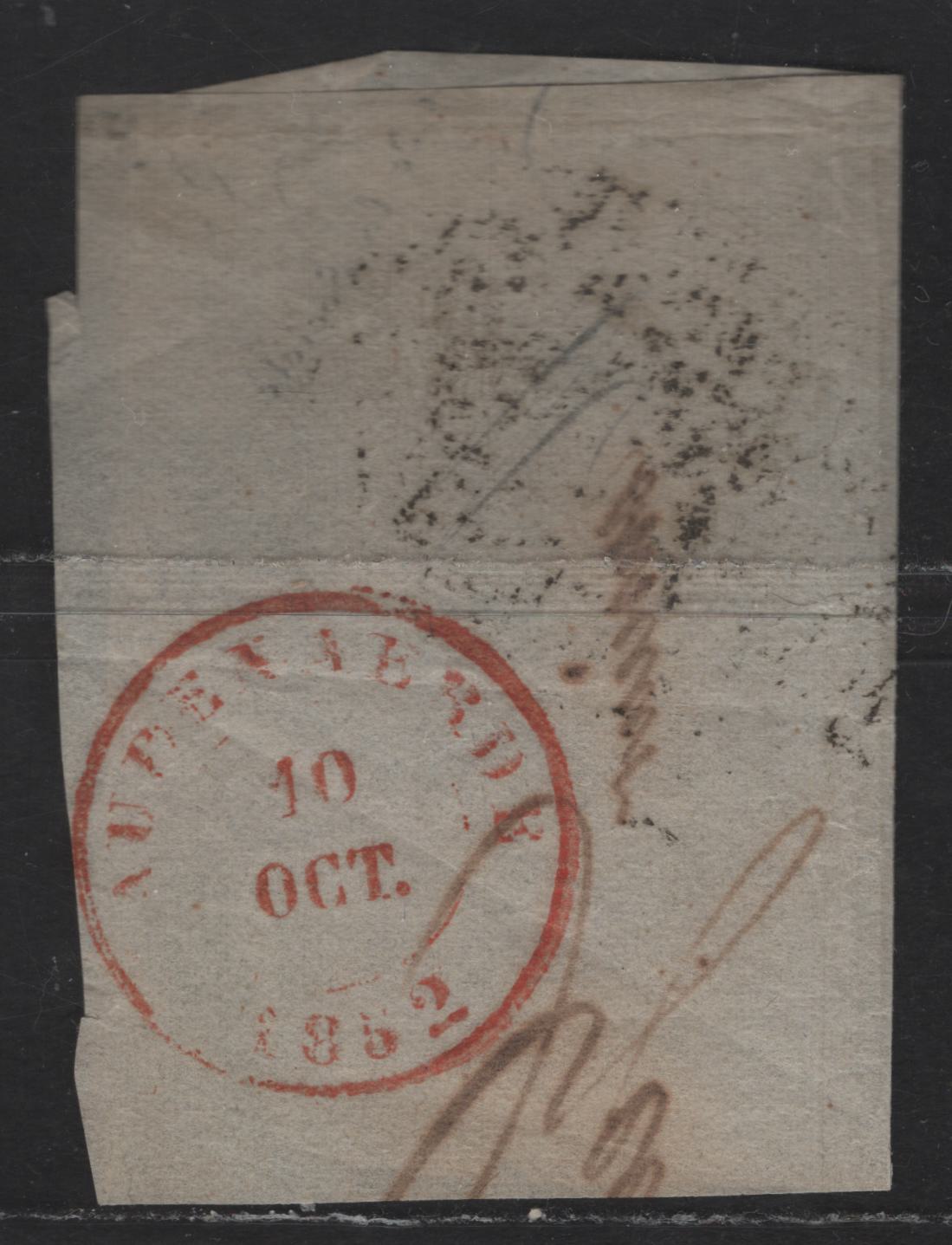 Lot 3 Belgium SC#6 10c Brown Leopold I, 1851-1854 Leopold I Issue, A Fine Used Single, Two L's Without Frame Wmk, On Envelope Fragment Cancelled Oct 10th 1852, #5 Numeral Duplex Cancel, 2 Close & 2 Full Margins