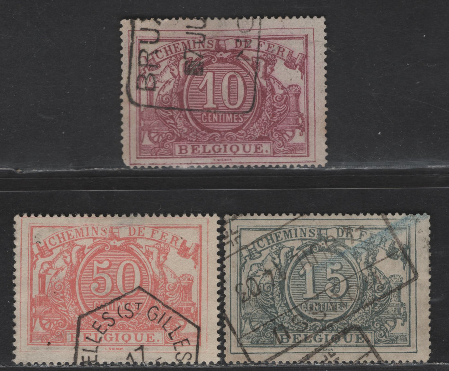 Lot 32 Belgium SC#Q7a, Q8, Q11 10c - 50c Rosebrown - Rose Numerals, 1882-1894 Parcel Post Issue, 3 Fine Used Singles
