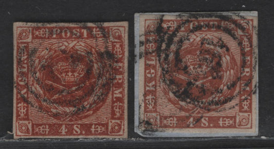 Lot 33 Denmark SC#7 4s Red Brown & Yellow Brown Arms, 1858-1862 Arms Issue, 2 Very Fine Used Imperf Singles, Wavy Lines In Spandrels