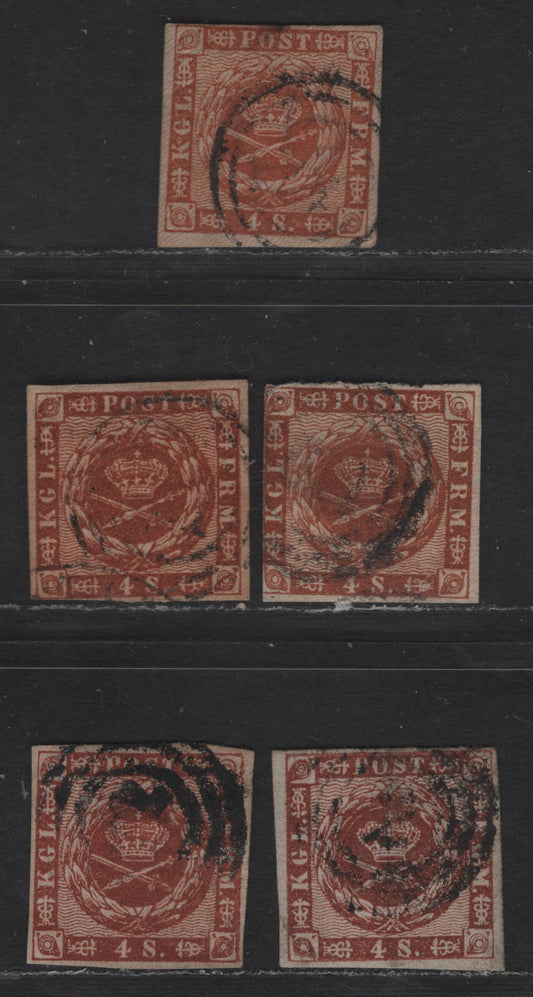 Lot 34 Denmark SC#7, 7b 4s Orange Brown - Deep Orange Brown Arms, 1858-1862 Arms Issue, 4 Fine Used Imperf Singles, 3 Margin Fine Used Examples, Wmks 111 & 112, Wavy Lines In Spandrels, Shade Variations & Medium & Thick Papers