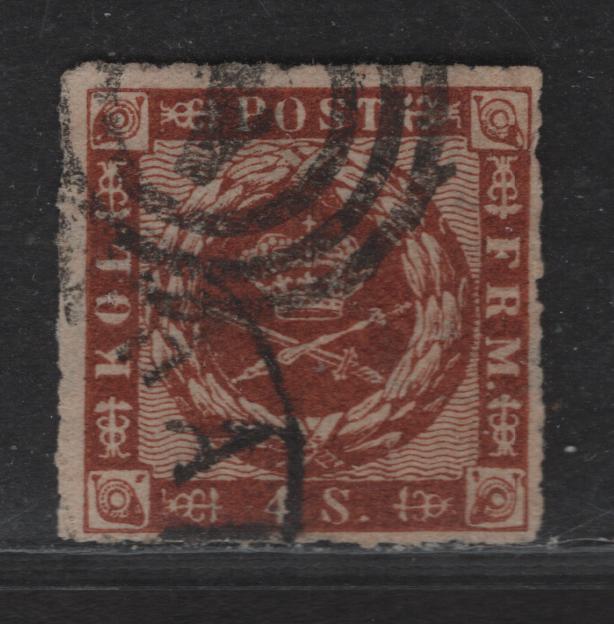 Lot 35 Denmark SC#9b 4s Red Brown Arms, 1863 Rouletted Arms Issue, A Fine Used Single