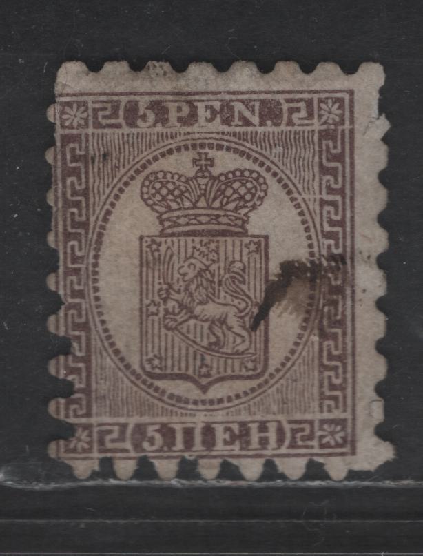 Lot 36 Finland SC#12b 5p Red Brown on Lilac Arms, 1866 Arms Issue, A Very Good Used Single, Roulette I (1-1.25mm), Thick Vertical Laid Paper, Few Short or Bent Teeth