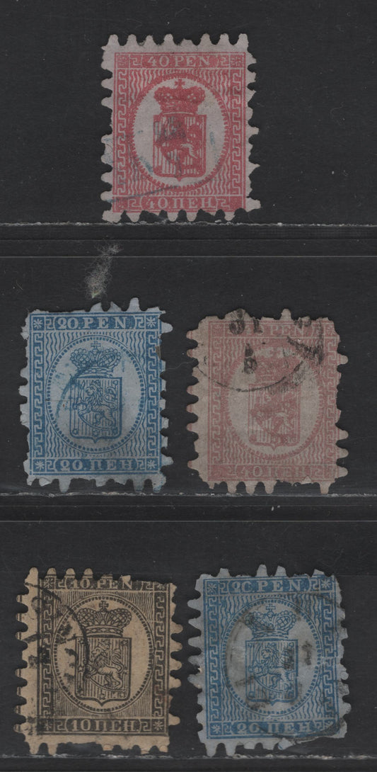 Lot 37 Finland SC#8b, 9-a, 10b 10p - 40p Black on Yellow - Rose on Lilac Rose Arms, 1866-1874 Rouletted Arms Issue, 5 Ungraded Singles, Faulty Singles Missing Many Teeth, But Otherwise Generally Sound, Roulettes I, II & III (1.5mm - 2mm Teeth)