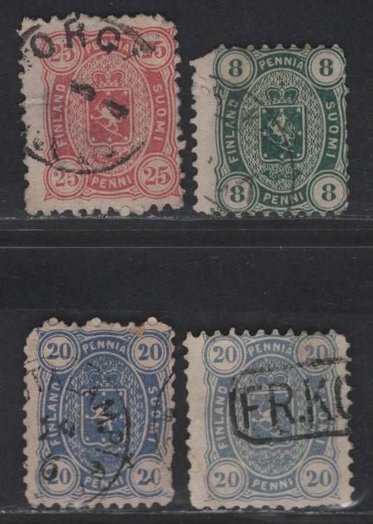Lot 38 Finland SC#19, 22a, 21-a 8p - 20p Blue Green - Blue Arms, 1875-1882 Arms Issue, 4 Ungraded Singles, Penni Currency, Perf 11, All With Faults