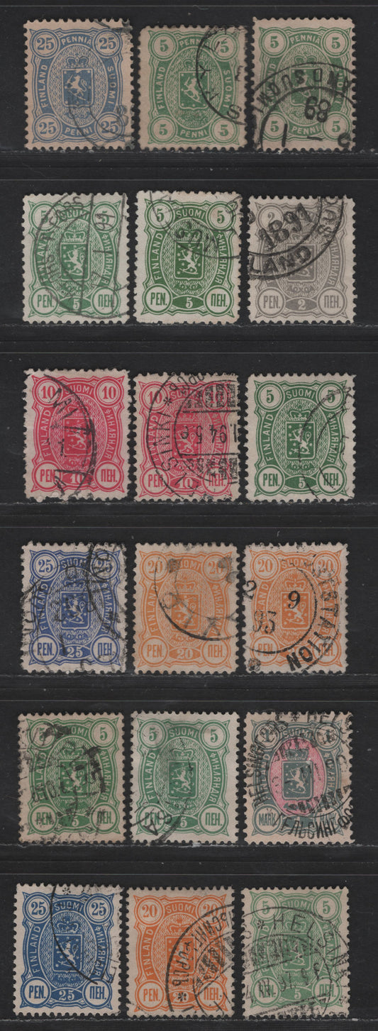 Lot 40 Finland SC#31a, 34a, 38, 39, 40a, 41-43, 60, 62, 63a 5p - 25p Emerald - Blue Arms, 1881-1896 Arms Issue, 18 Very Fine Used Singles, Penni Currency, Denominations in Words & Numerals, Perfs 12.5 & 12.5x13