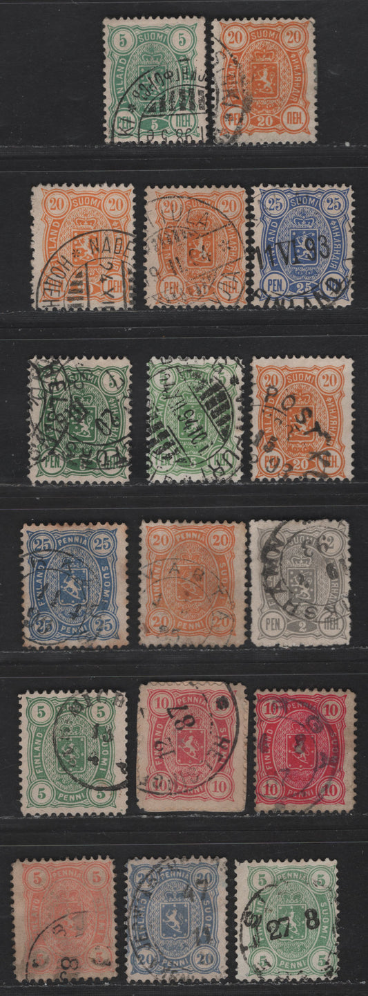 Lot 41 Finland SC#26, 28a, 31-a, 32-a, 34, 33, 38-39, 41-42, 60, 62 5p - 20p Orange Arms, 1881-1896 Arms Issue, 17 Fine Used Singles, Penni Currency, Denominations in Words & Numerals, Perfs 12.5 & 12.5x13, Shade Variations