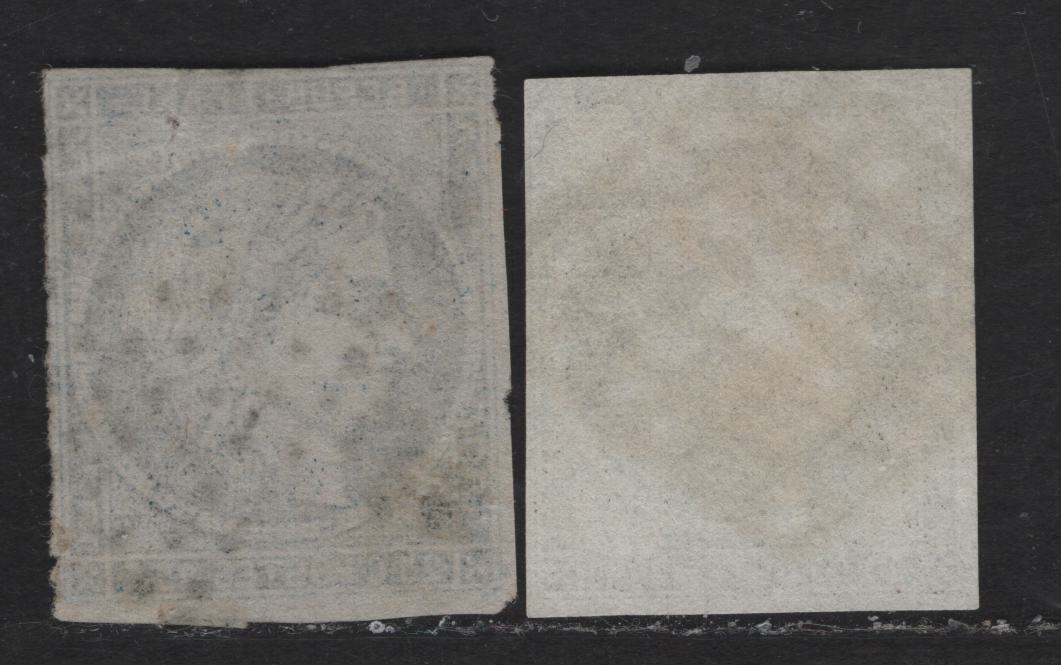 Lot 45 France SC#3, 6a 20c - 25c Black On Yellow - Blue on Bluish Ceres, 1849-1850 Imperf Ceres Head Issue, 2 Very Good Used Singles, 3 Margins on 20c & 4 Margins on 25c (Very Close), Small Crease On Top Of 25c