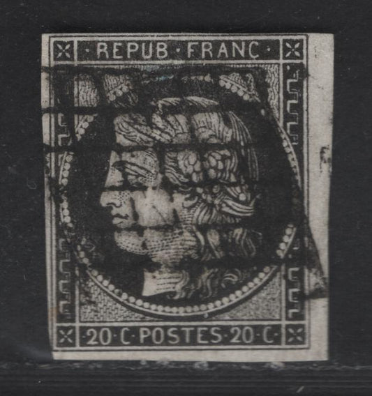 Lot 46 France SC#3a 20c Black Ceres, 1849-1850 Imperf Ceres Head Issue, A Fine Used Single, 2 Large Margins & 2 Close Margins At Lower Left & Upper Right