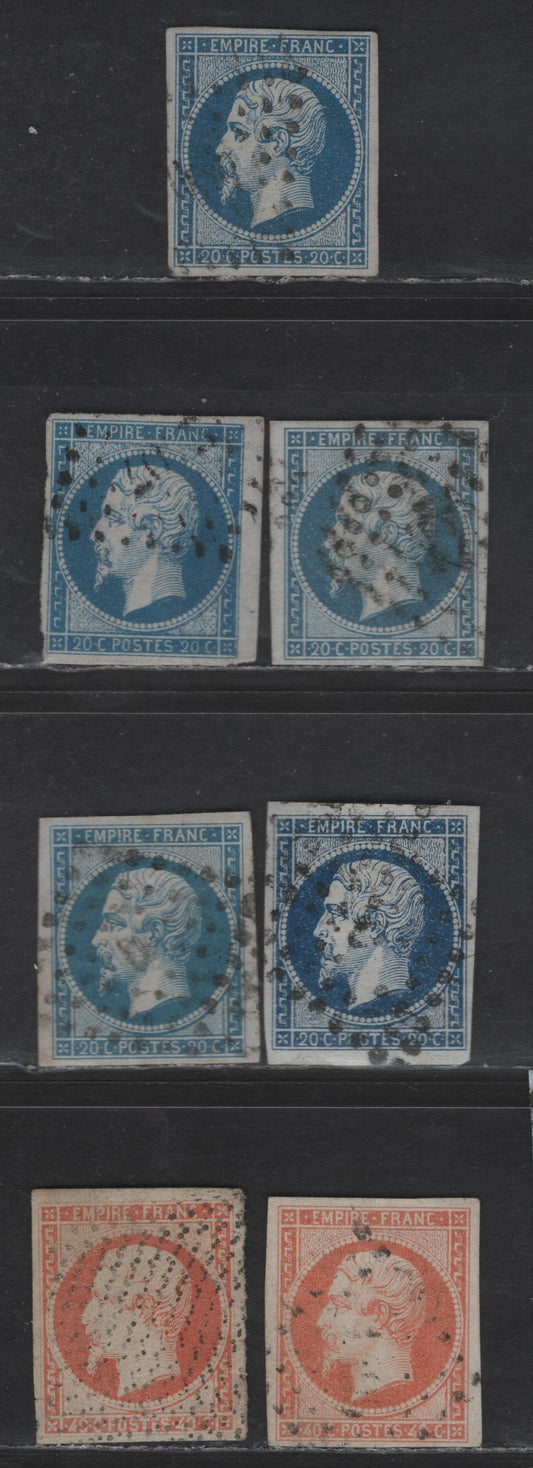 Lot 47 France SC#16, 15a, 15d 20c - 40c Blue, Dark Blue & Orange Napoleon, 1853-1860 Imperf Napoleon Issue, 7 Very Fine Used Singles, Inscribed Empire Franc, Types 1 & 2, Two Shades Of Orange
