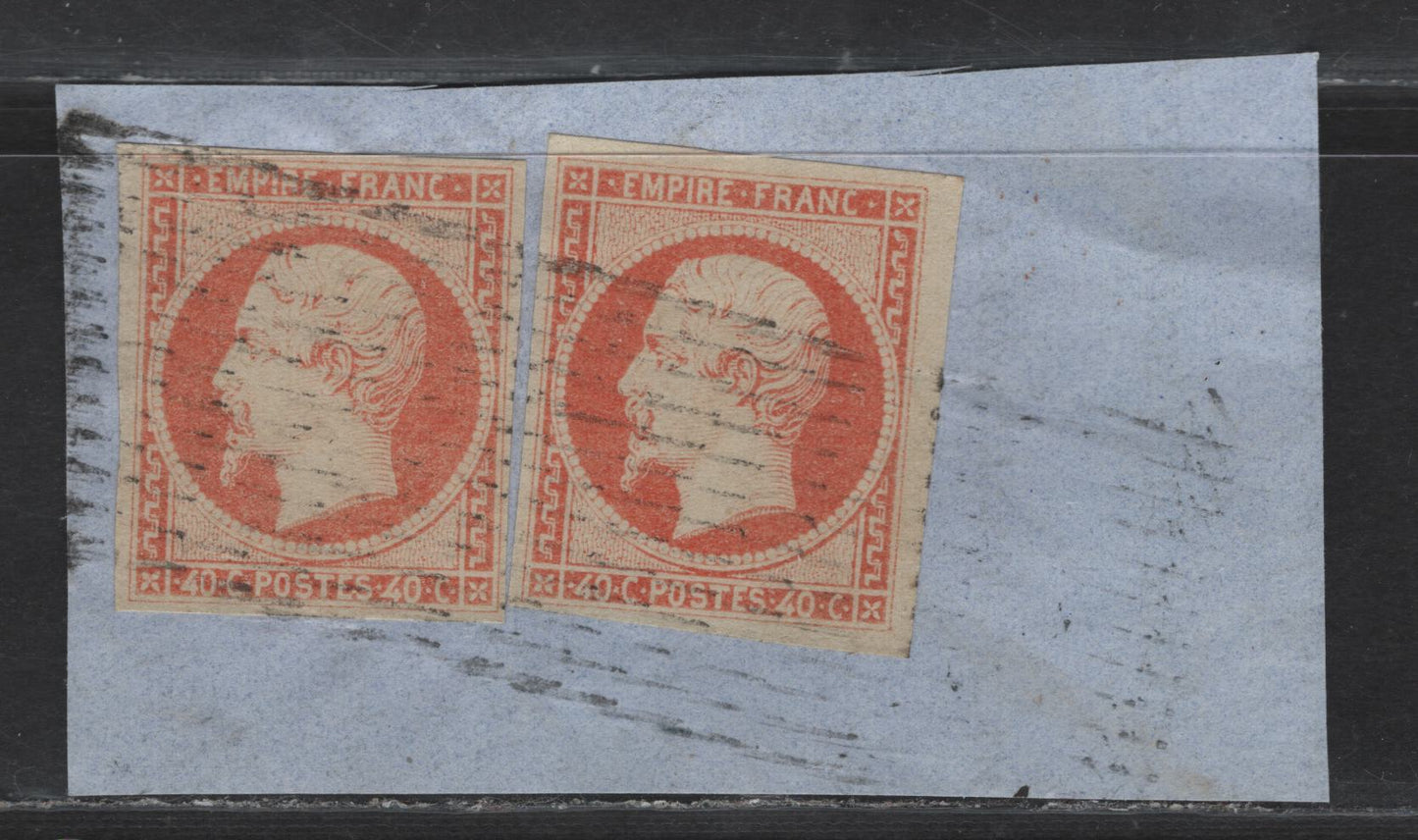 Lot 48 France SC#18 40c Orange on Yellowish Napoleon, 1853-1860 Imperf Napoleon Issue, 2 Very Fine Used Singles On Piece, Two 4 Margin Singles, Tied By Light Roller Cancel, Inscribed Republic Franc