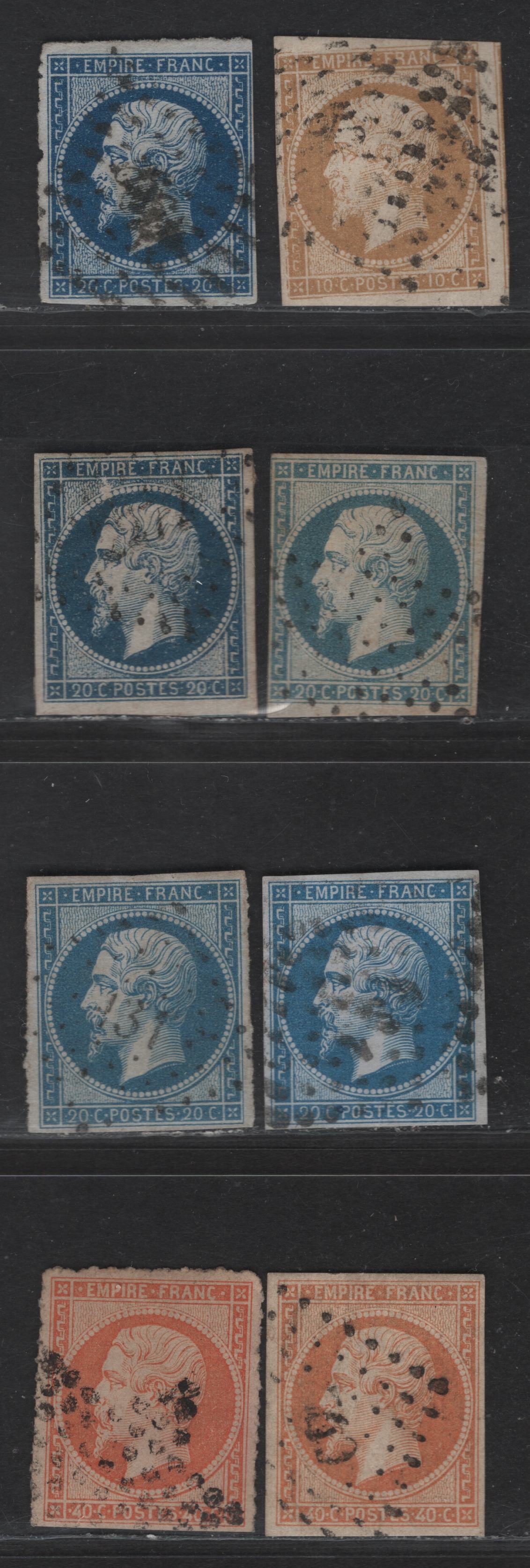 Lot 49 France SC#14c, 15-a, 15d, 18, 18d 1c - 40c Bistre - Yellow Orange Napoleon, 1853-1860 Imperf Napoleon Issue, 8 Fine Used Singles, All 3 Margins & 4th Close, Types I & II