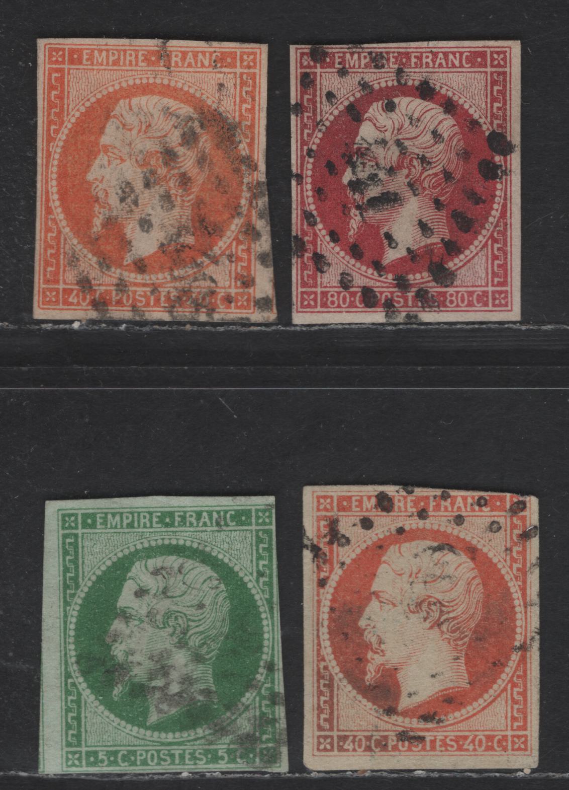 Lot 50 France SC#13, 18, 18d 5c - 80c Green on Greenish - Lake Napoleon, 1853-1860 Imperf Napoleon III Issue, 4 Very Good/Fine Used Singles, 5c Type I