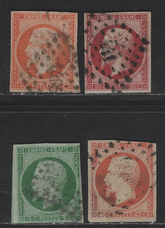 Lot 50 France SC#13, 18, 18d 5c - 80c Green on Greenish - Lake Napoleon, 1853-1860 Imperf Napoleon III Issue, 4 Very Good/Fine Used Singles, 5c Type I