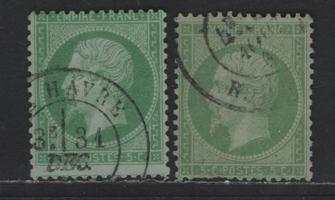 Lot 51 France SC#23-24 5c Green on Pale Blue & on Greenish Napoleon, 1862-1871 Perforated Napoleon III Issue, 2 Very Good Used Singles