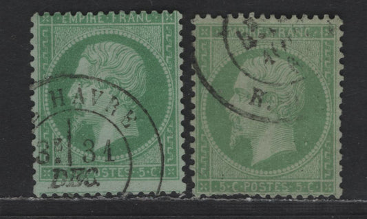 Lot 51 France SC#23-24 5c Green on Pale Blue & on Greenish Napoleon, 1862-1871 Perforated Napoleon III Issue, 2 Very Good Used Singles