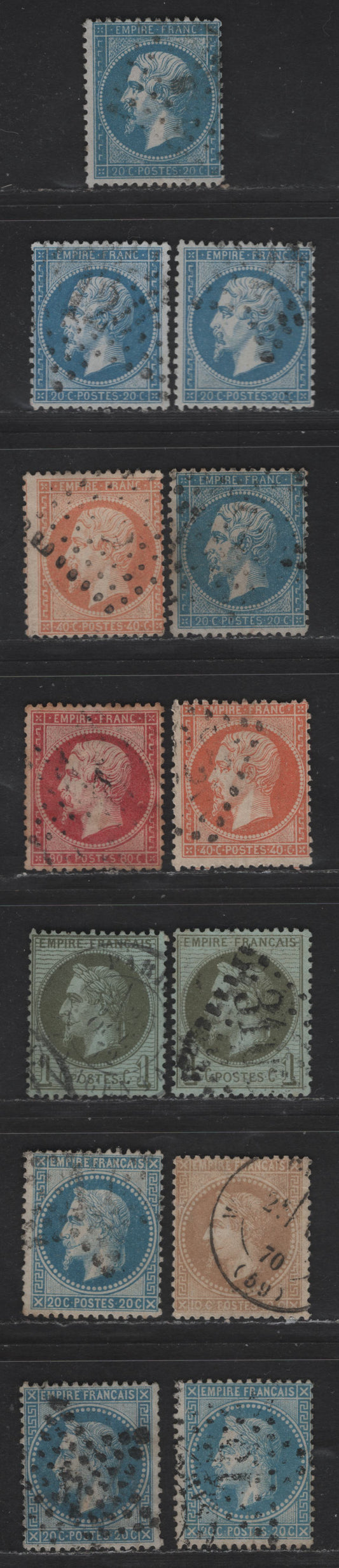 Lot 52 France SC#26, 27-a, 28, 29, 29b, 32, 33, 33d, 34 1c - 20c Olive Green on Bluish - Blue on Bluish Napoleon & Lawreatte, 1862-1871 Perforated Napoleon & Lawreatte Issue, 13 Fine Used Singles