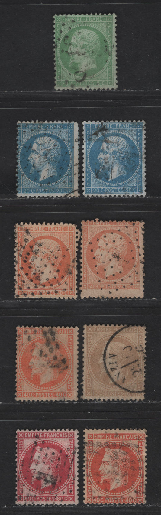 Lot 54 France SC#23, 26, 27-a, 32, 35-a, 36a 5c - 80c Yellow Green on Greenish - Carmine on Pinkish Napoleon & Lawreatte, 1863-1870 Perforated Napoleon & Lawreatte Issue, 9 Very Good Used Singles, A Few Have Horizontal or Light Vertical Creases