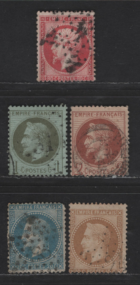 Lot 55 France SC#28, 30, 29, 32, 33 80c - 20c Carmine Rose - Blue on Bluish Napoleon & Lawreatte, 1863-1870 Perforated Napoleon & Lawreatte Issue, 5 Very Good Used Singles